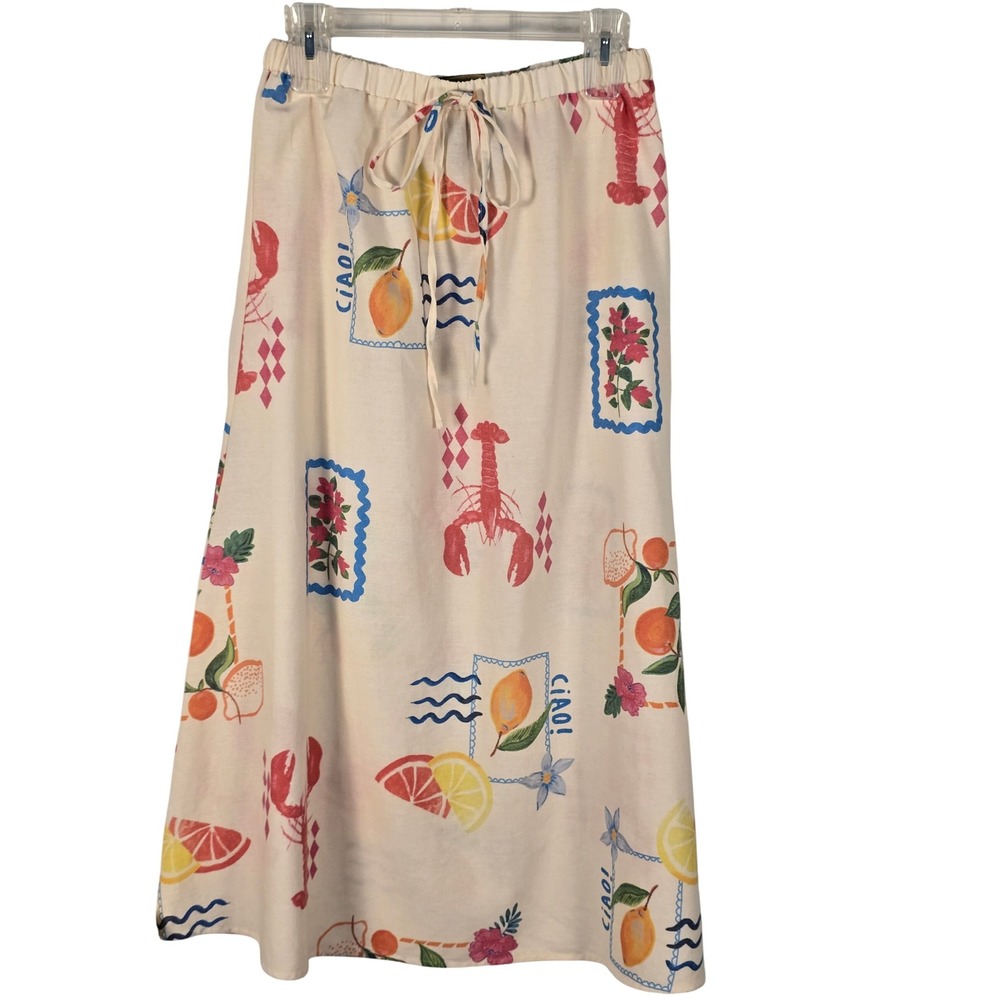Metrowear Ciao Lobster Citrus Print Linen Blend Maxi Skirt Cream Small Softgirl